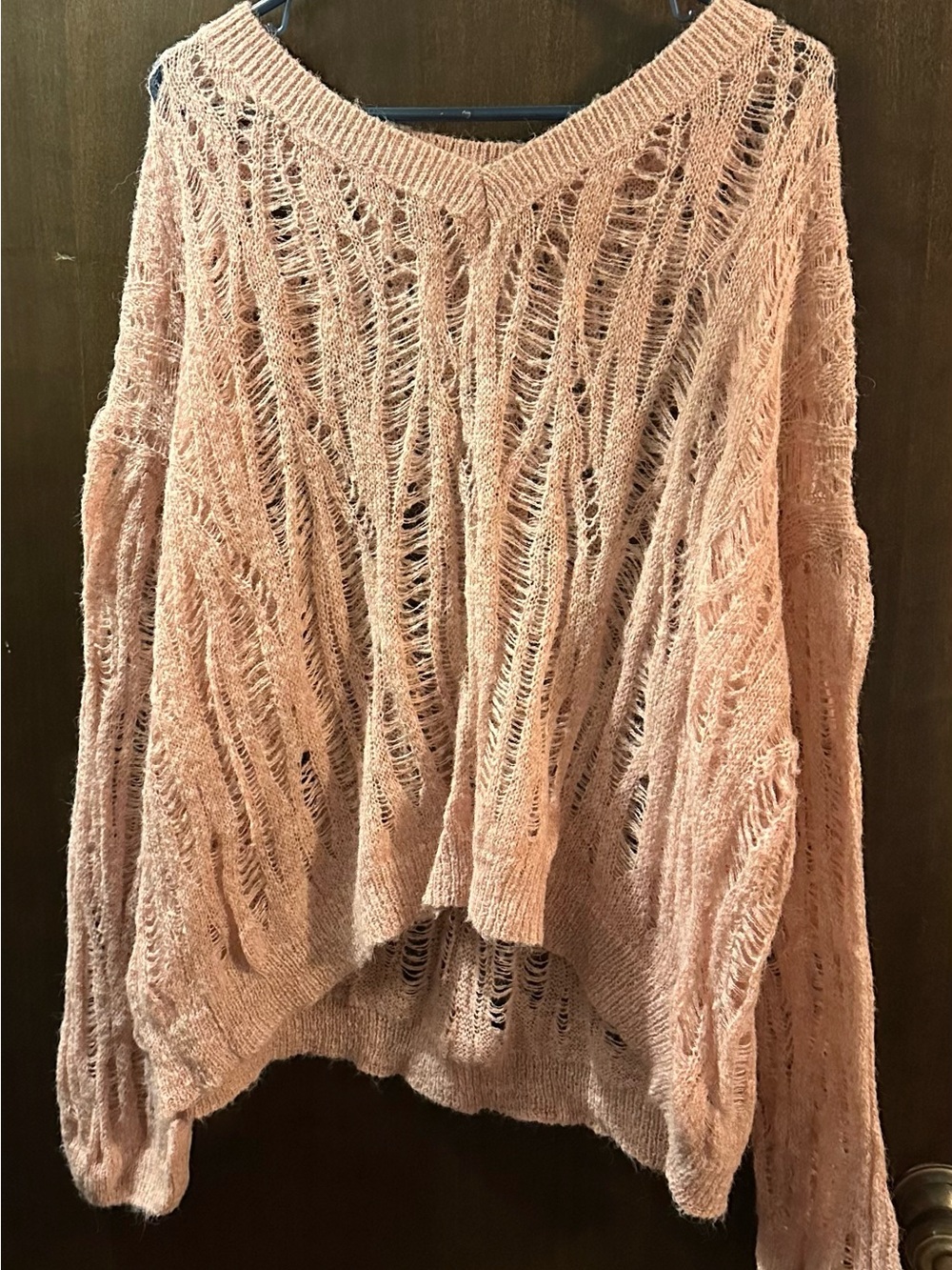 CIDER Pink Hollow Out Distressed V-Neck Oversized Slouchy Knit Sweater Size L